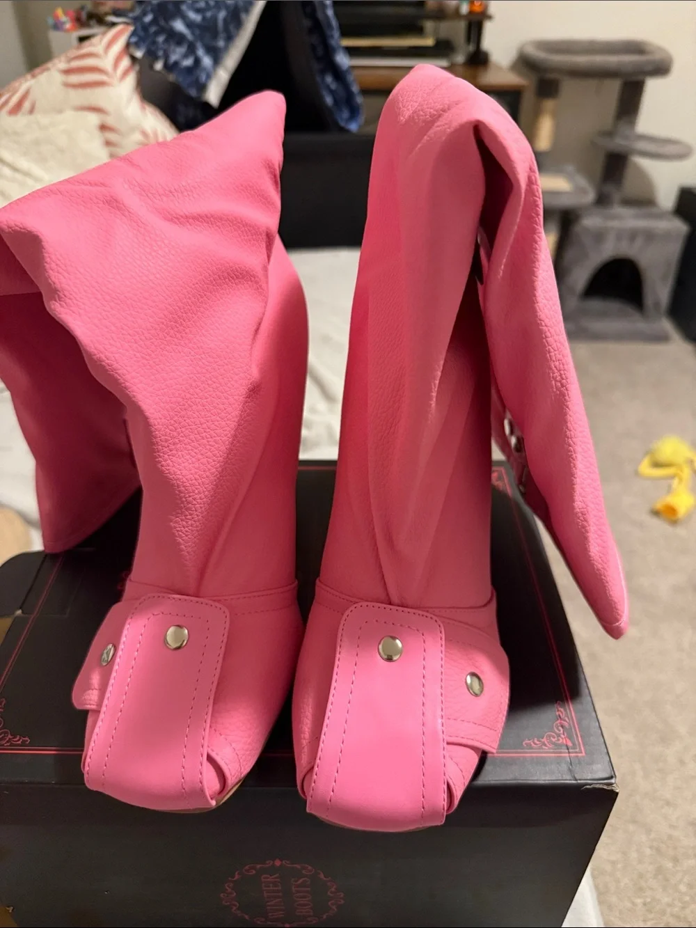 Women's Pink Over-the-Knee Fold-Over Peep-Toe Boots